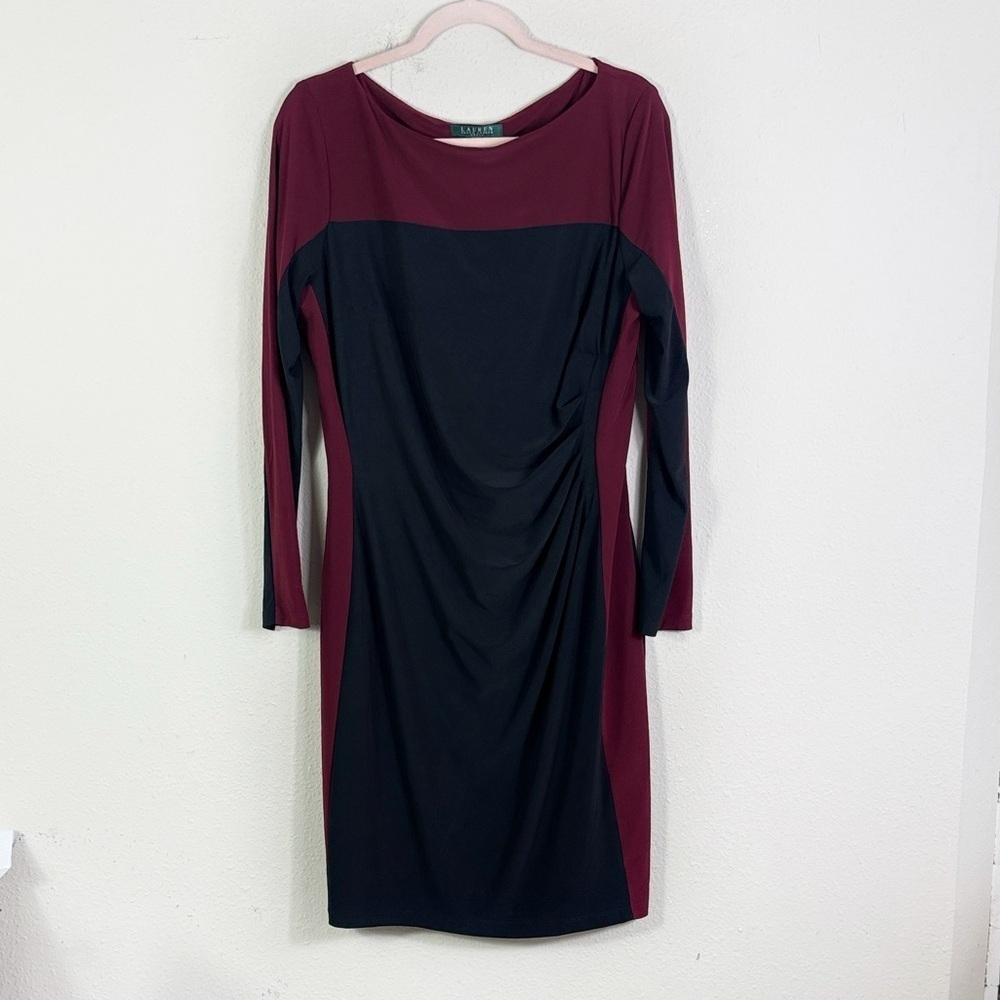 Lauren‎ Ralph Lauren Bodycon Dress Burgundy Black Sheath Ruched Lined Sz 14
